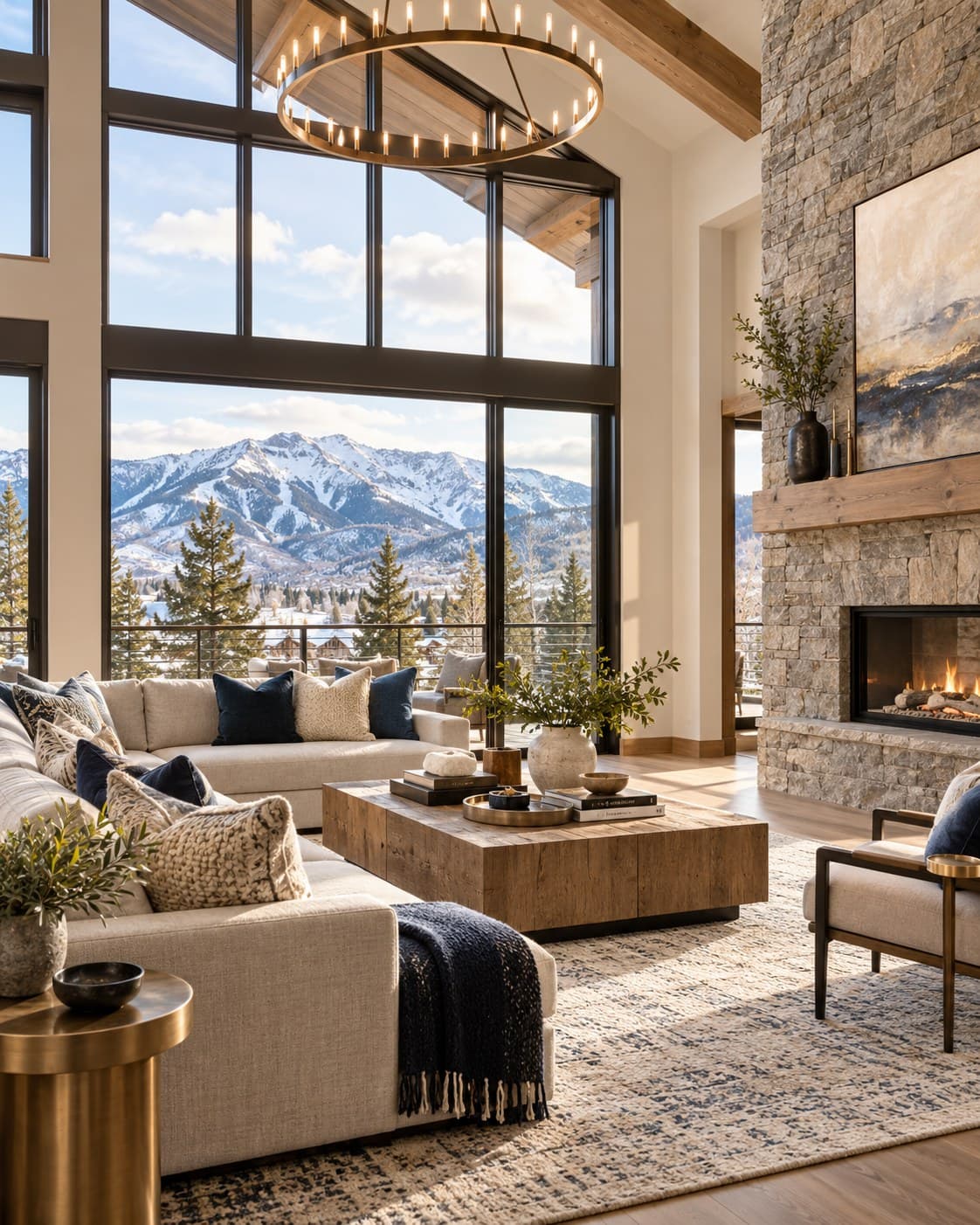 Staged mountain-home living room with floor-to-ceiling windows facing snow-covered peaks
